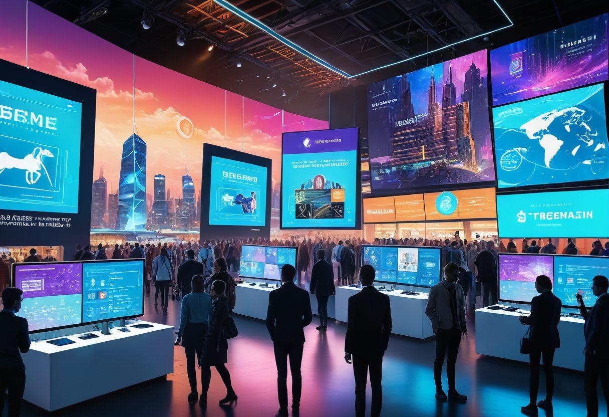 A futuristic marketplace bustling with diverse individuals engaging in barter transactions, surrounded by digital screens showcasing innovative trade strategies. Include elements representing digital commerce, such as cryptocurrencies and e-commerce platforms, with a skyline of modern architecture in the background. The scene should evoke a sense of connection and collaboration in trade. ultra-modern design. vibrant colors. digital art.