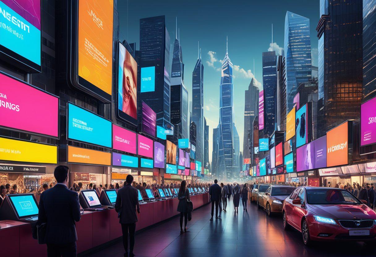 A creative depiction of a dynamic e-market scene, showcasing diverse individuals engaged in online transactions with futuristic devices. Incorporate vibrant digital elements like graphs, charts, and notifications floating around, emphasizing the innovative tactics of e-commerce. The background should reflect a modern cityscape infused with technology. Include hints of collaboration and success. super-realistic. vibrant colors. 3D.