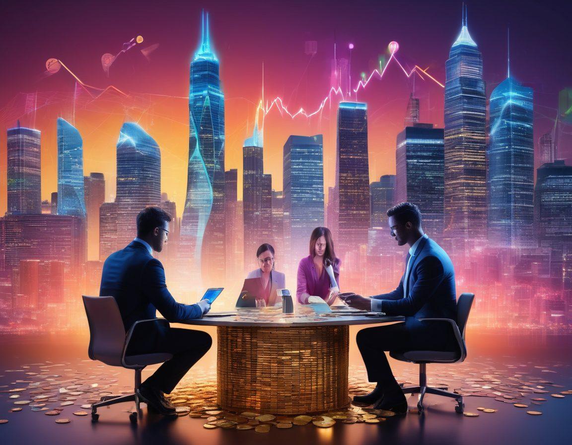 A dynamic collage representing financial strategies in barter and digital commerce, featuring a diverse group of entrepreneurs collaborating over virtual devices, with stacks of coins, digital currency symbols, and graphs illustrating growth around them. The background should showcase a modern city skyline to signify opportunity. Bright colors to evoke energy and optimism. super-realistic. vibrant colors.